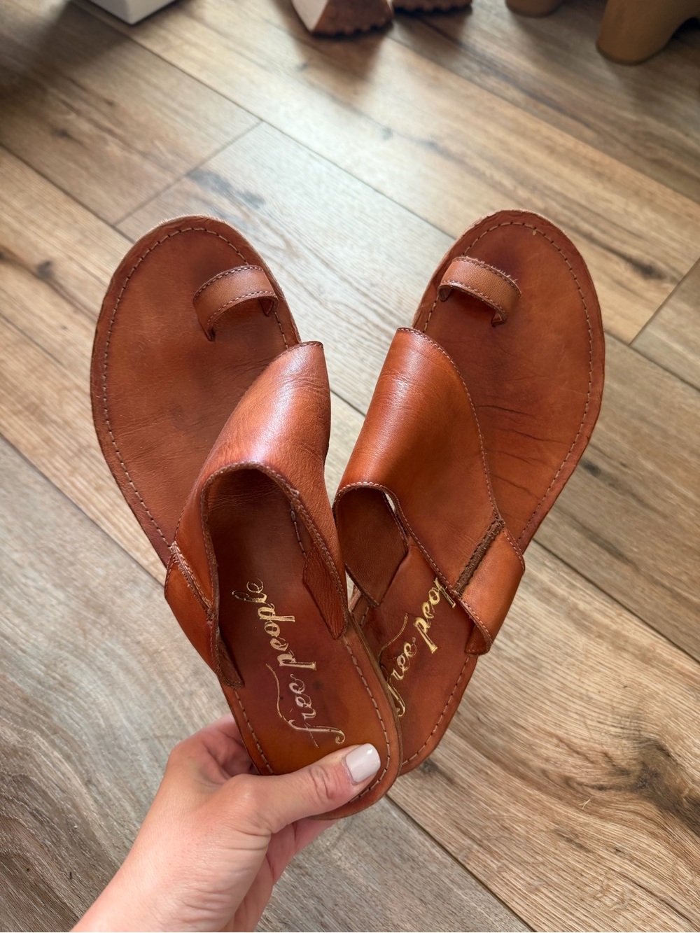 Free People Cognac Brown Leather Toe-Loop Sandals